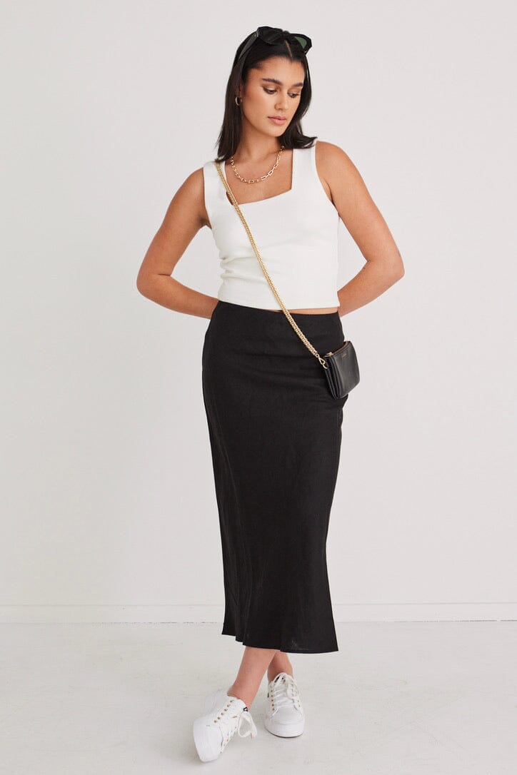 RE:UNION - Bliss Linen Bias Midi Skirt - Black Womens RE:UNION