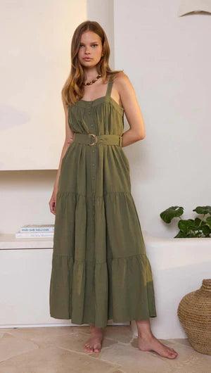 MINK PINK - Amara Tiered Midi Dress - Khaki *** COMING SOON *** Womens MINK PINK