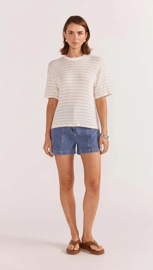 STAPLE THE LABEL - Paige Stripe Knit Tee - White Beige Womens STAPLE THE LABEL