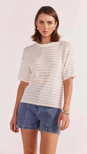 STAPLE THE LABEL - Paige Stripe Knit Tee - White Beige Womens STAPLE THE LABEL