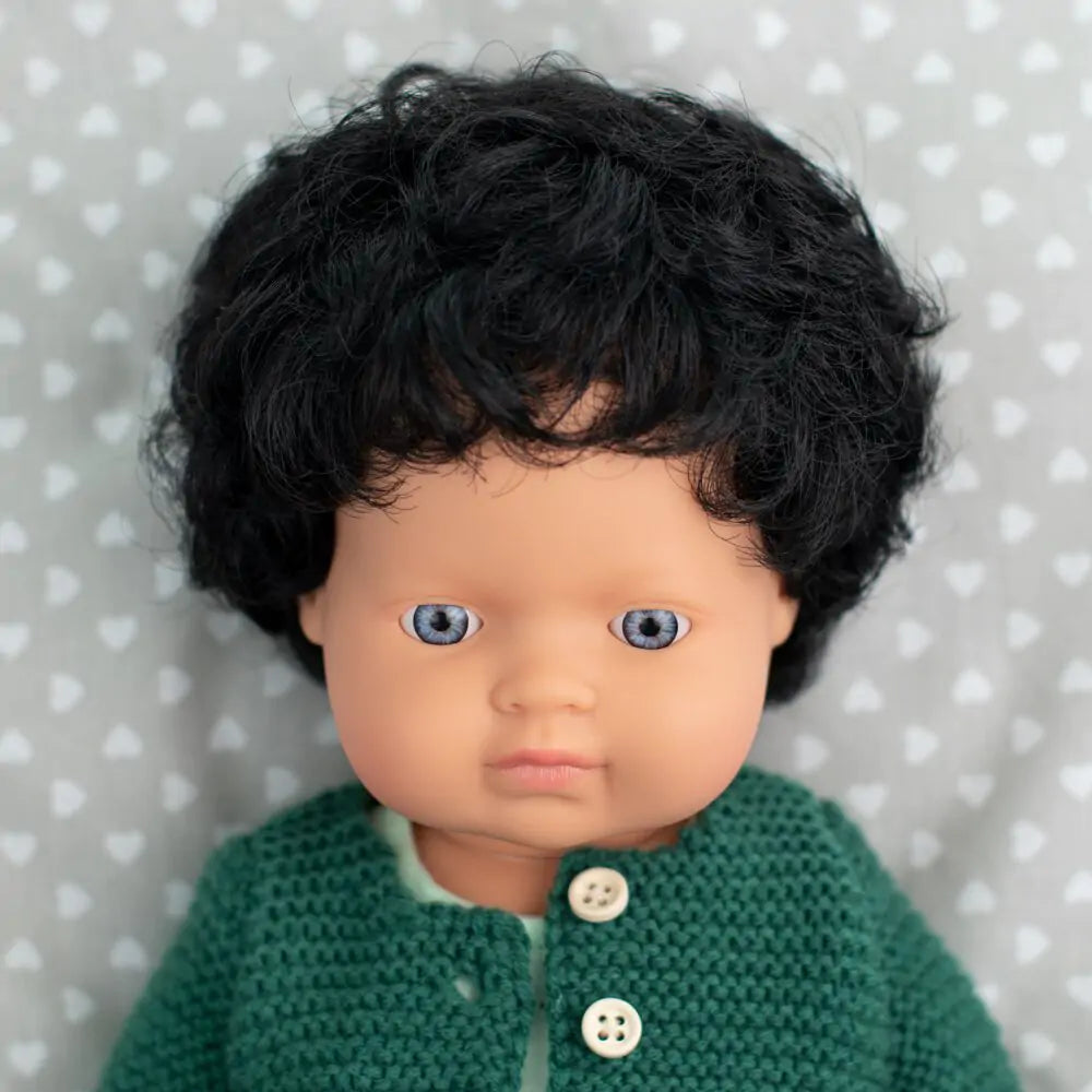 Miniland - Anatomically Correct Baby Doll - Caucasian Boy 38cm - Black Curly Hair CUTENESS Miniland Educational