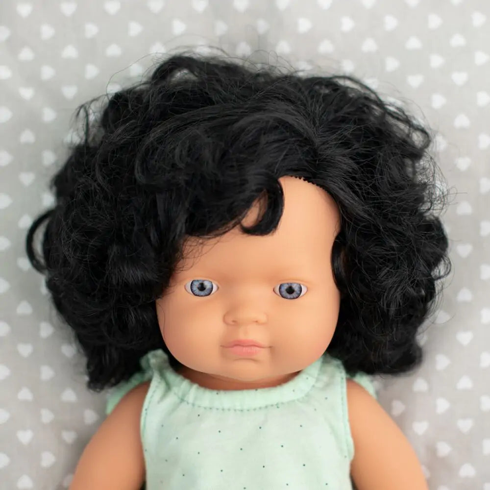 Miniland - Anatomically Correct Baby Doll - Caucasian Girl 38cm - Black Curly Hair CUTENESS Miniland Educational