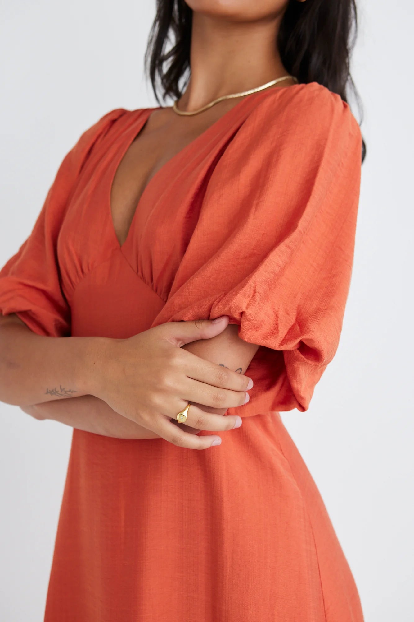 AMONG THE BRAVE - Empire Puff Sleeve Midi Dress - Persimmon Womens AMONG THE BRAVE