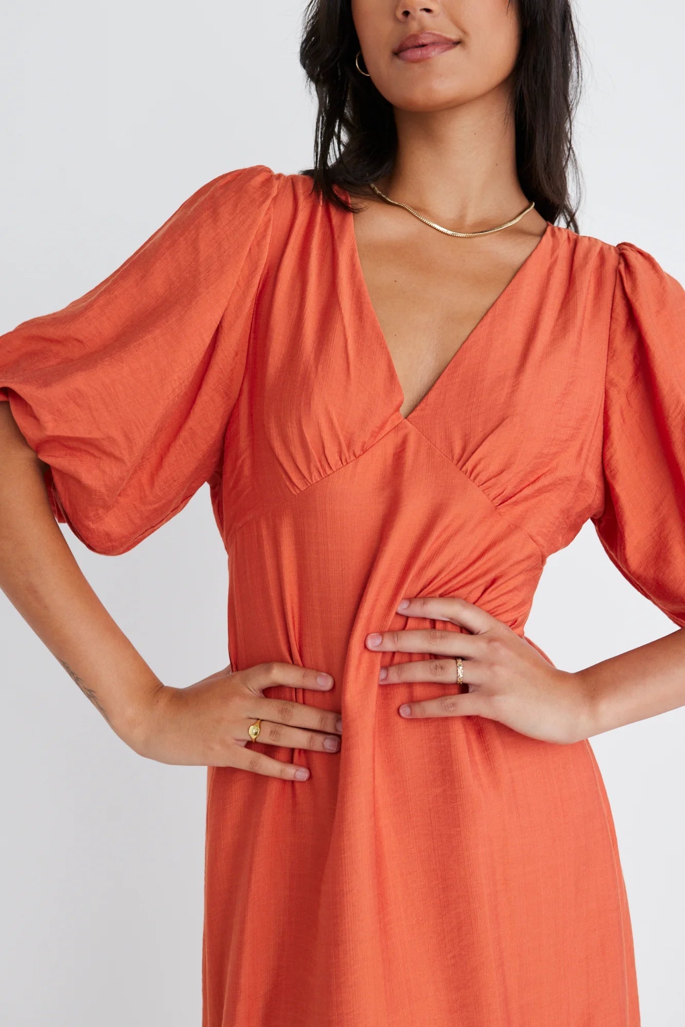 AMONG THE BRAVE - Empire Puff Sleeve Midi Dress - Persimmon Womens AMONG THE BRAVE