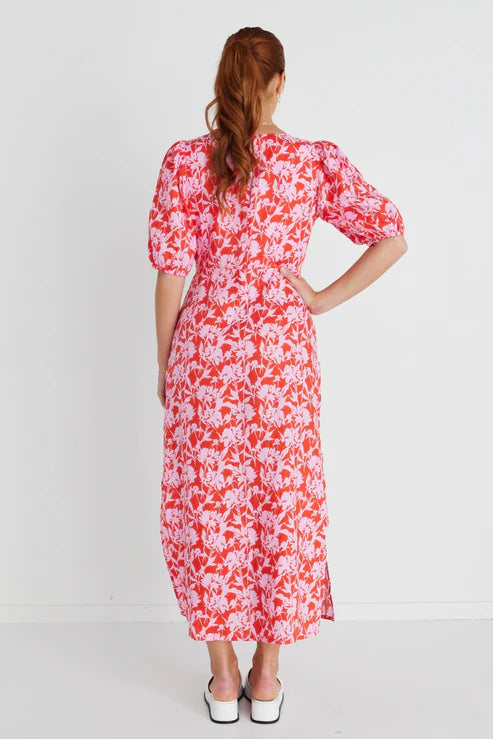 AMONG THE BRAVE -Amora Midi Dress - Pink Floral Womens AMONG THE BRAVE