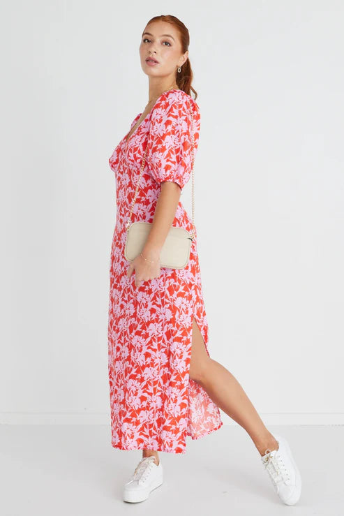 AMONG THE BRAVE -Amora Midi Dress - Pink Floral Womens AMONG THE BRAVE