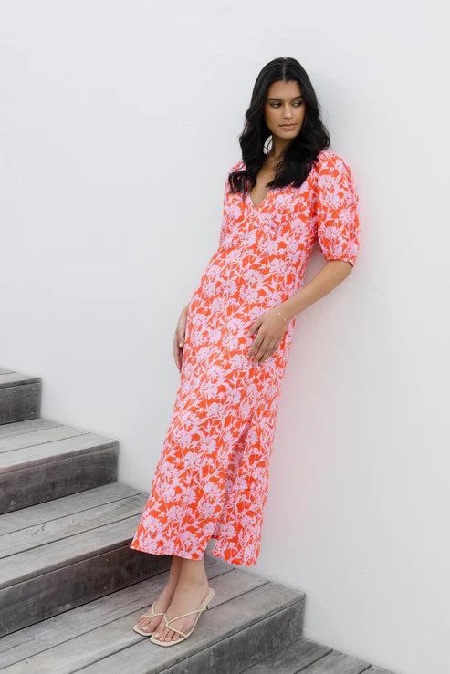 AMONG THE BRAVE -Amora Midi Dress - Pink Floral Womens AMONG THE BRAVE