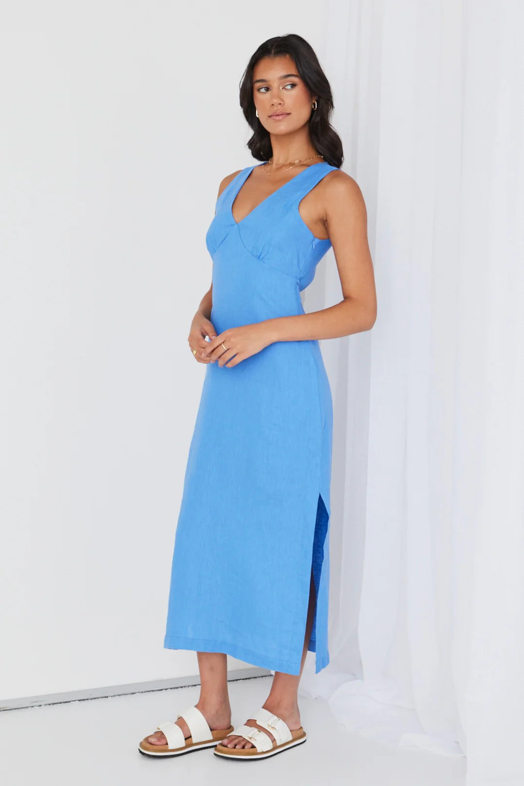 RE:UNION - Azalea Linen Sleeveless Empire Midi Dress - Cornflower Womens RE:UNION