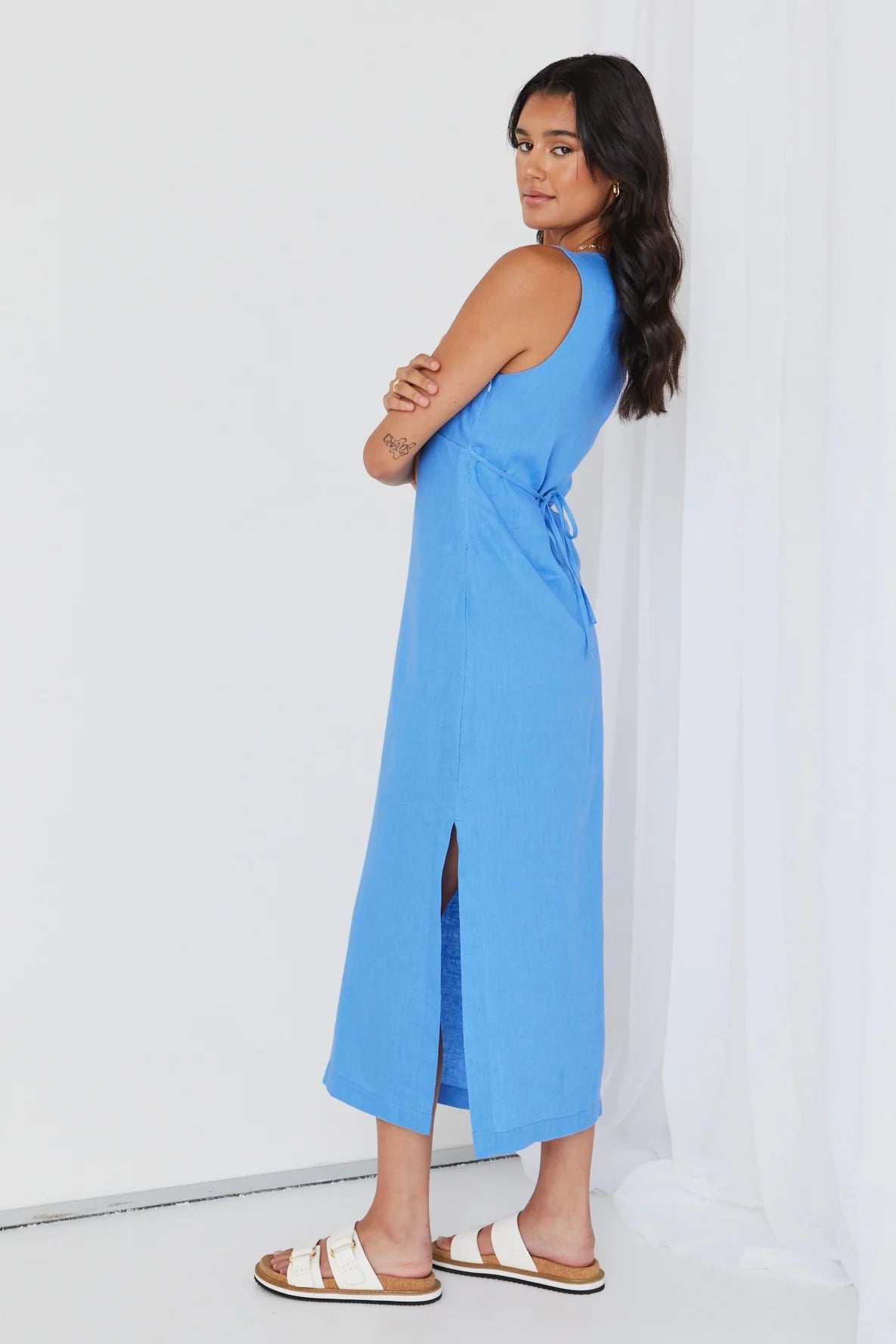 RE:UNION - Azalea Linen Sleeveless Empire Midi Dress - Cornflower Womens RE:UNION