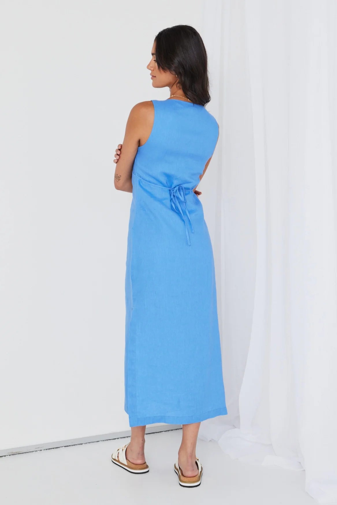 RE:UNION - Azalea Linen Sleeveless Empire Midi Dress - Cornflower Womens RE:UNION