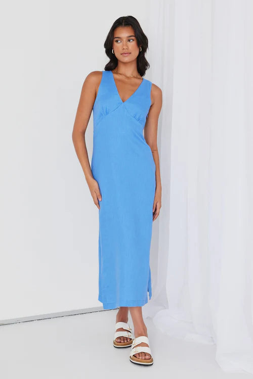 RE:UNION - Azalea Linen Sleeveless Empire Midi Dress - Cornflower Womens RE:UNION