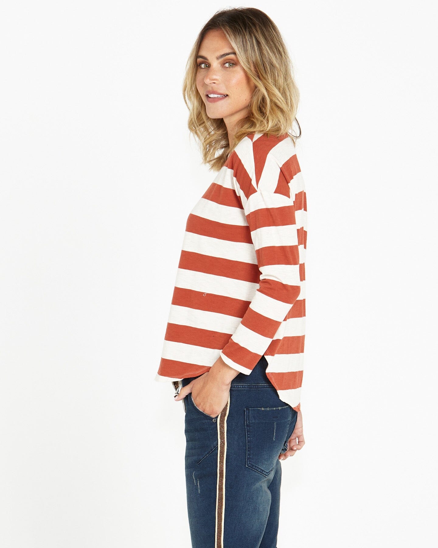 Betty Basics - Jessie Long Sleeve Tee - Dusty Terracotta Stripe Womens Betty Basics