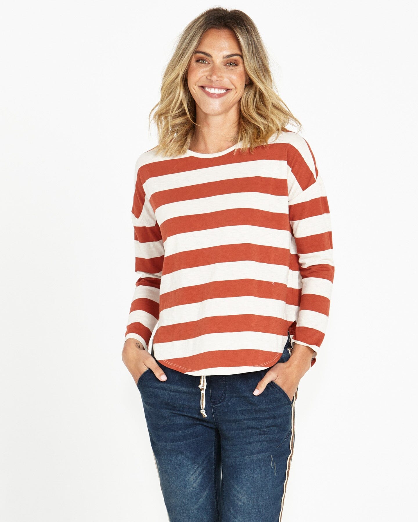 Betty Basics - Jessie Long Sleeve Tee - Dusty Terracotta Stripe Womens Betty Basics