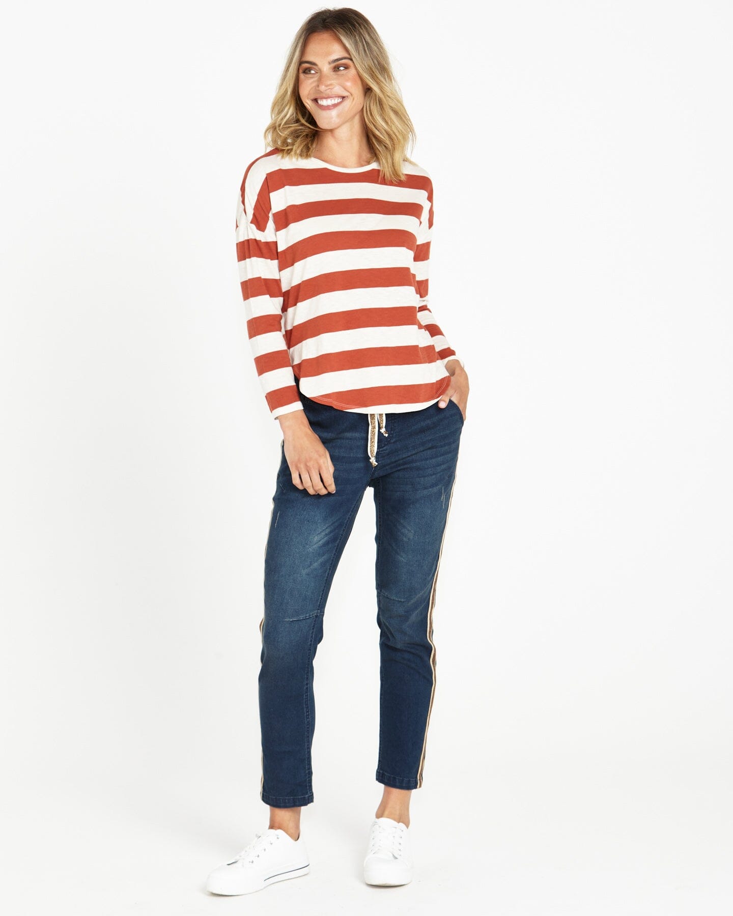 Betty Basics - Jessie Long Sleeve Tee - Dusty Terracotta Stripe Womens Betty Basics