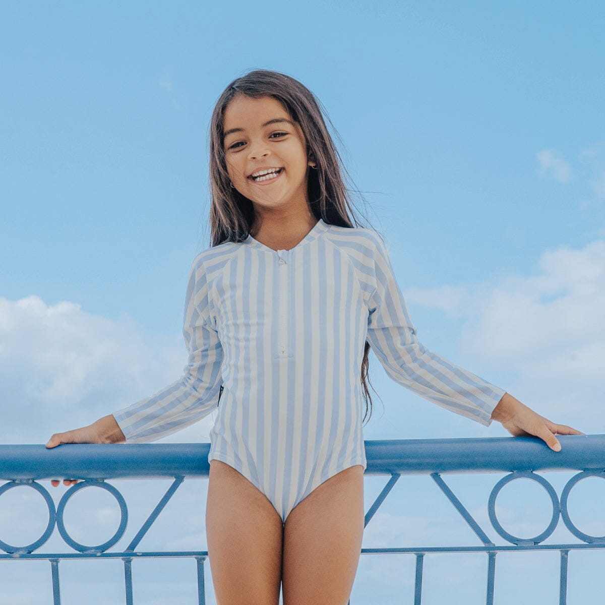 Crywolf - LONG SLEEVE SWIMSUIT - Sky Blue Stripe Girls Crywolf