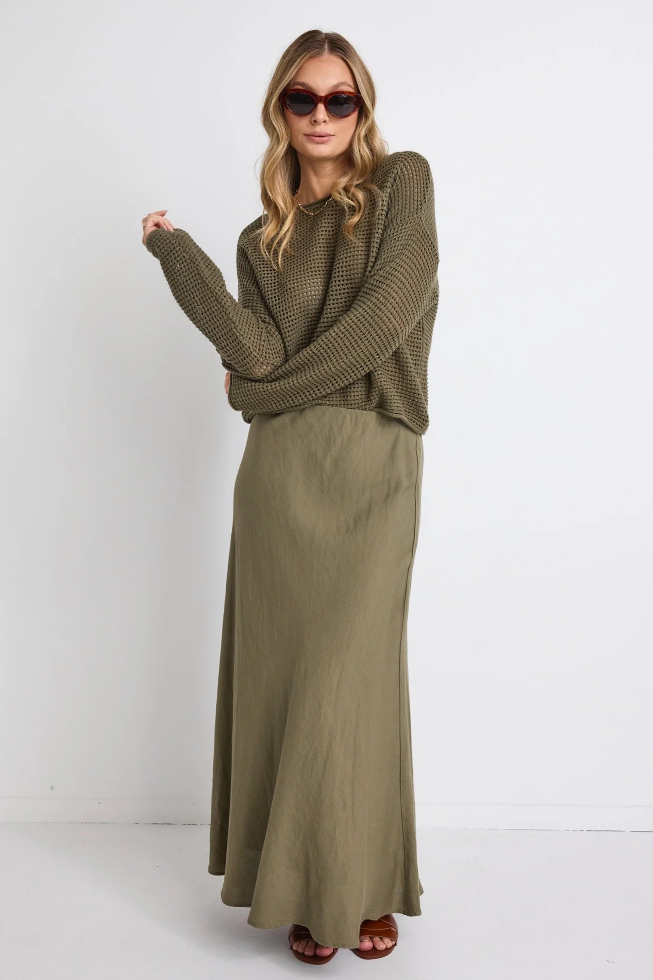 RE:Union - Lagos Floaty Bias Cut Maxi Skirt - Soft Khaki Womens RE:UNION