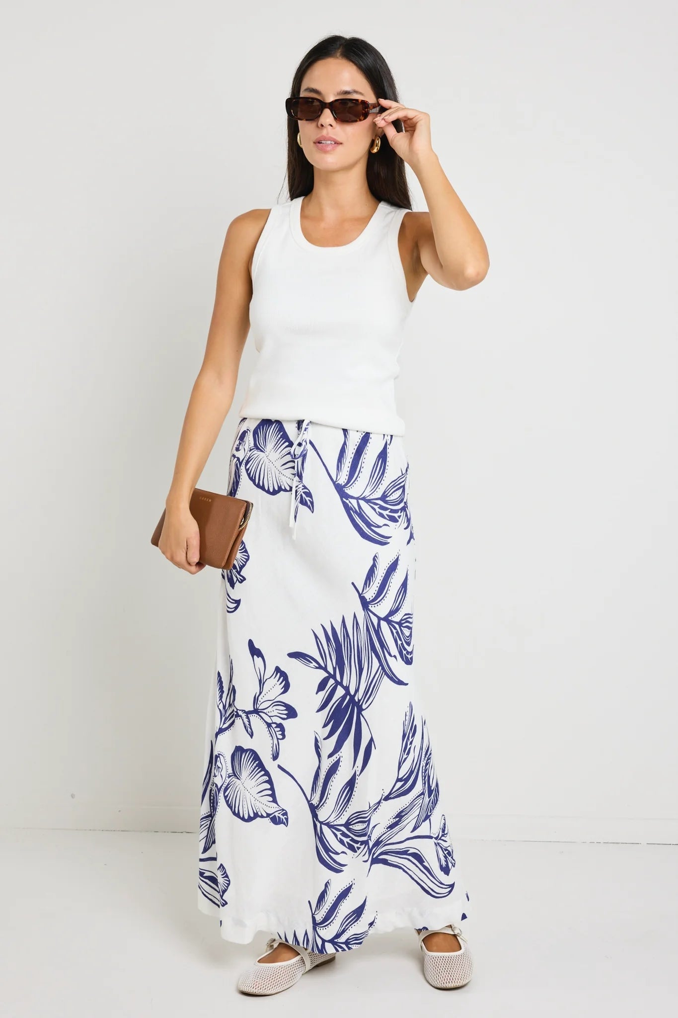 Stories Be Told - Departure Silhouette Tie Waist Bias Maxi Skirt - White/Navy Womens Stories Be Told