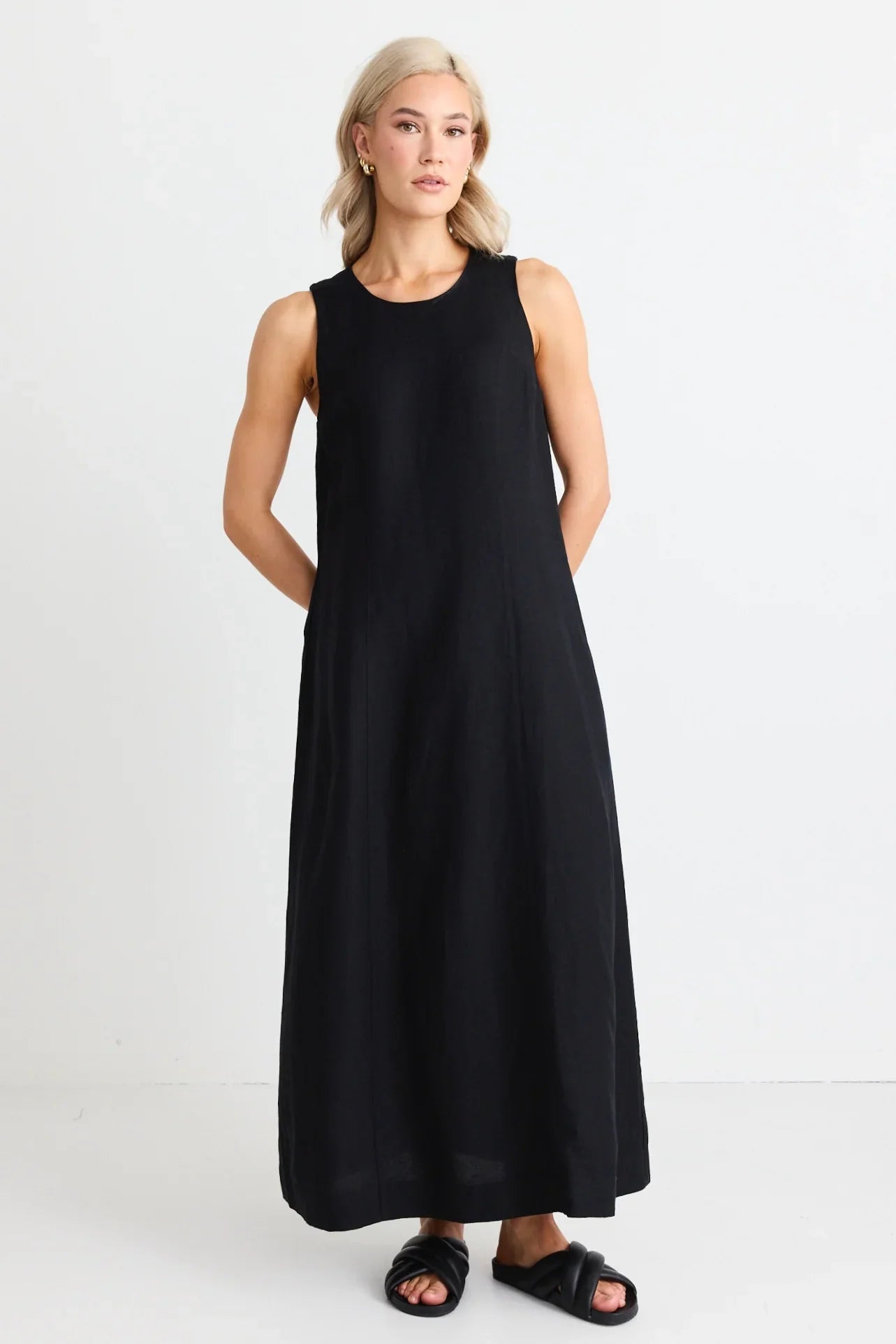 RE:UNION - Easygoing Linen Midi Dress - Black Womens RE:UNION