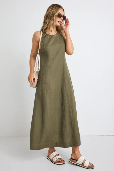 RE:UNION - Easygoing Linen Midi Dress - Khaki Womens RE:UNION