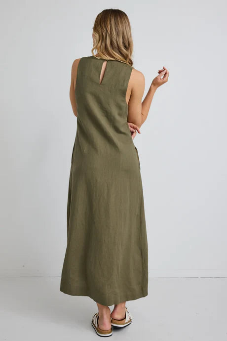 RE:UNION - Easygoing Linen Midi Dress - Khaki Womens RE:UNION