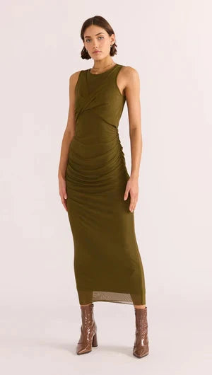 MINK PINK - Elodie Mesh Midi Dress - Khaki Womens MINK PINK