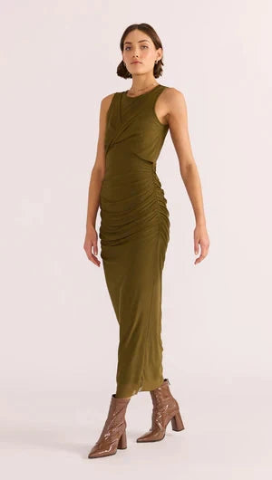 MINK PINK - Elodie Mesh Midi Dress - Khaki Womens MINK PINK