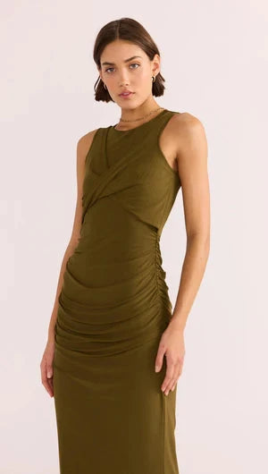 MINK PINK - Elodie Mesh Midi Dress - Khaki Womens MINK PINK
