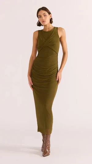 MINK PINK - Elodie Mesh Midi Dress - Khaki Womens MINK PINK