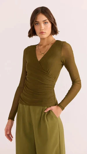 MINK PINK - Elodie Mesh Wrap Top - Khaki Womens MINK PINK