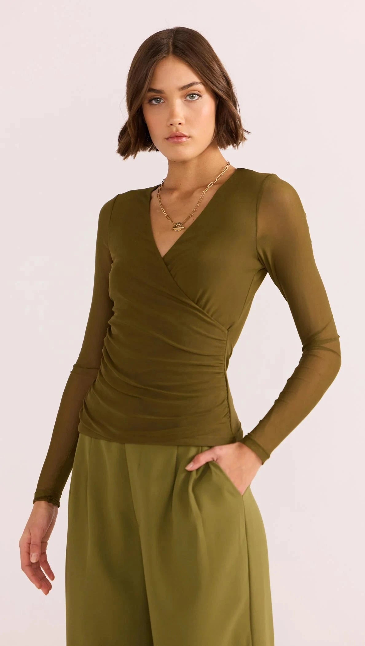 MINK PINK - Elodie Mesh Wrap Top - Khaki Womens MINK PINK