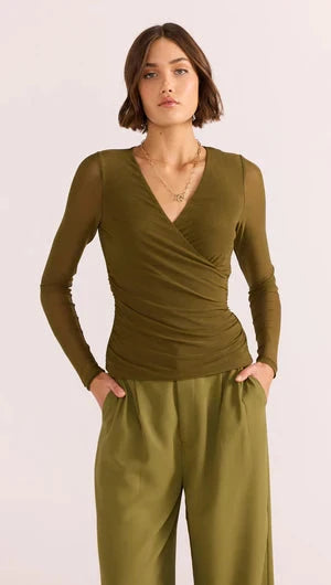 MINK PINK - Elodie Mesh Wrap Top - Khaki Womens MINK PINK