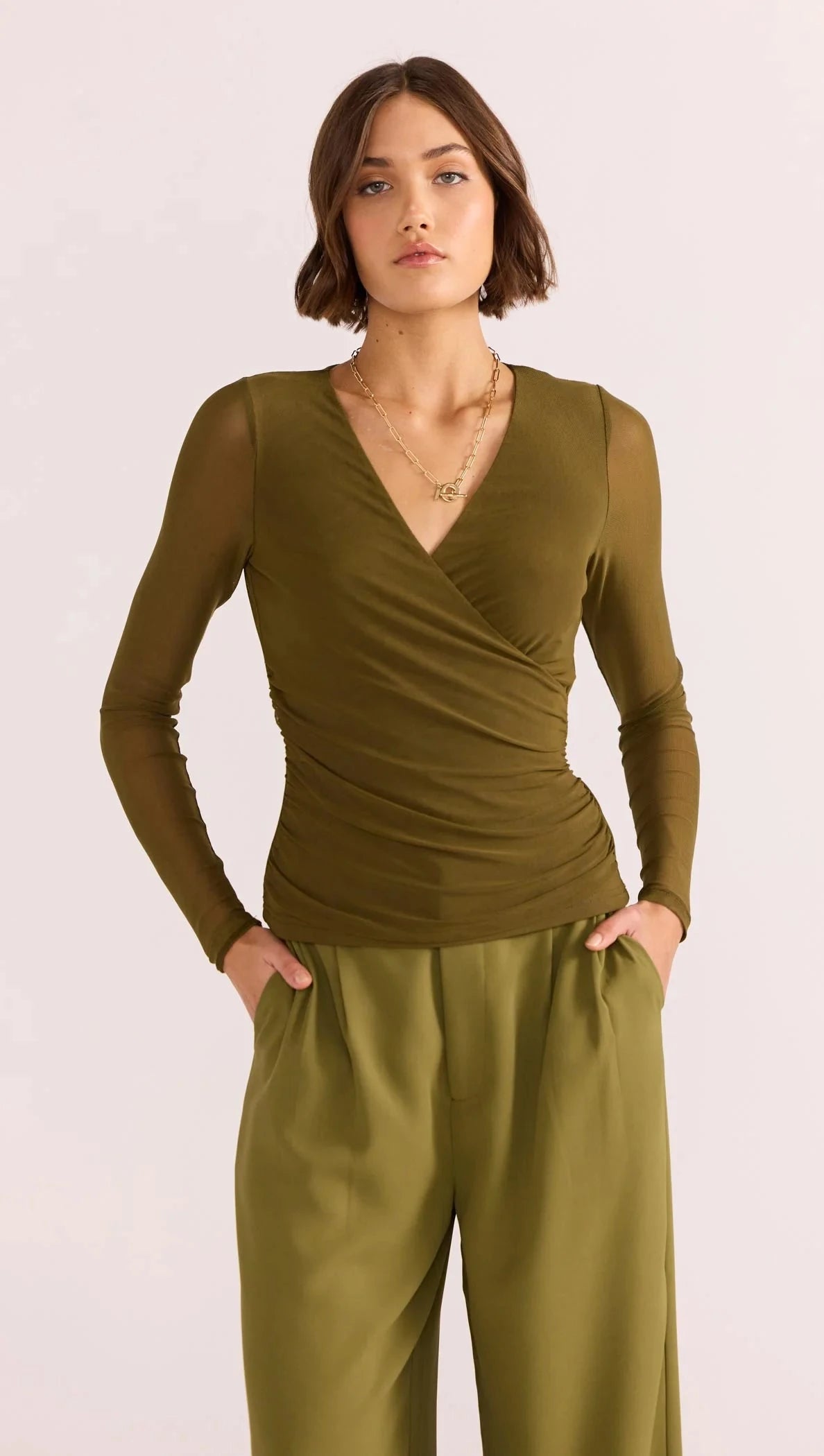 MINK PINK - Elodie Mesh Wrap Top - Khaki Womens MINK PINK
