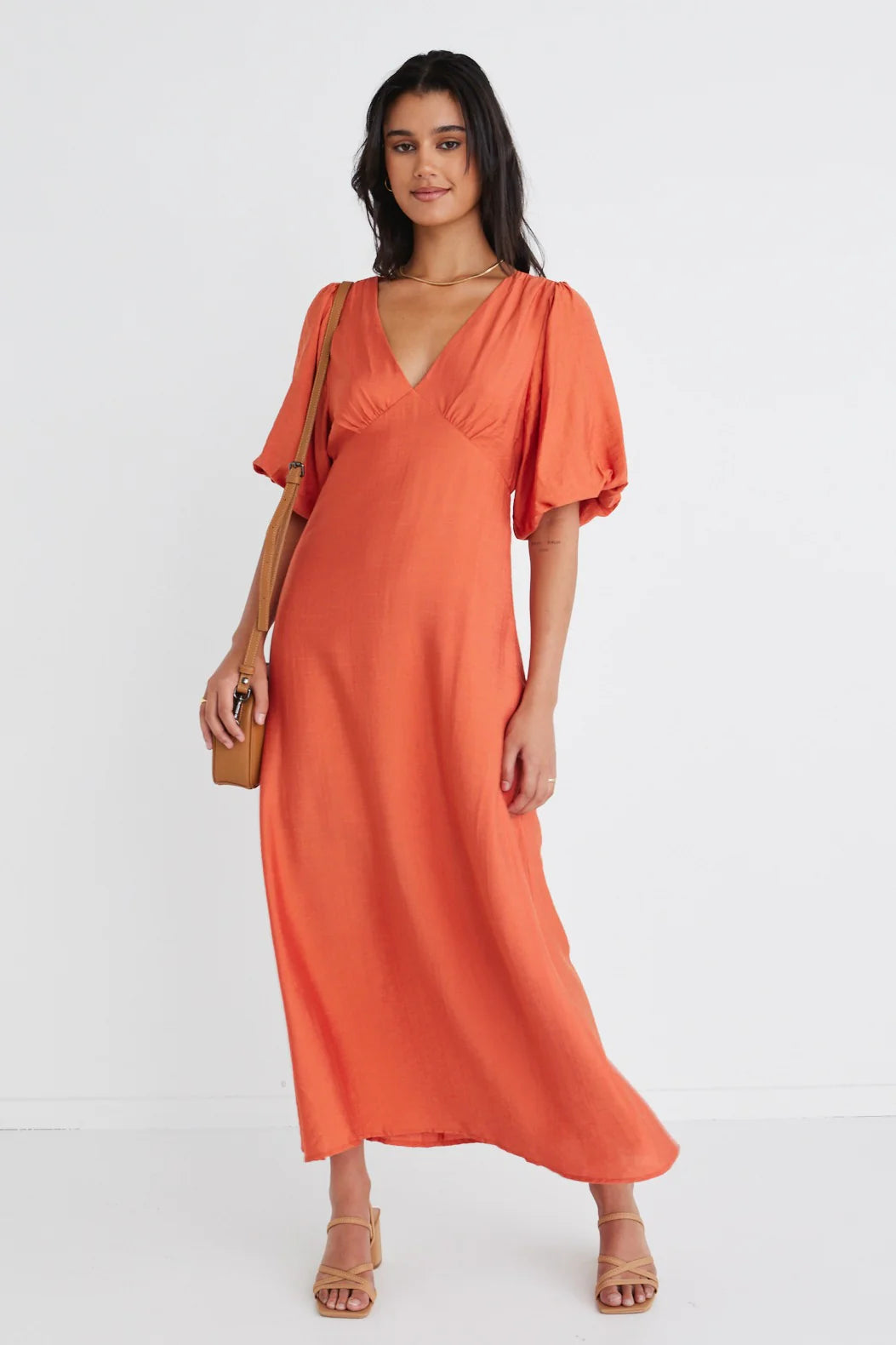 AMONG THE BRAVE - Empire Puff Sleeve Midi Dress - Persimmon Womens AMONG THE BRAVE