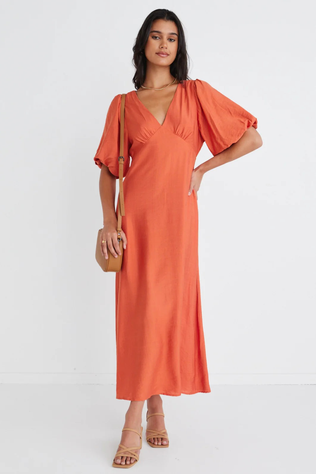 AMONG THE BRAVE - Empire Puff Sleeve Midi Dress - Persimmon Womens AMONG THE BRAVE