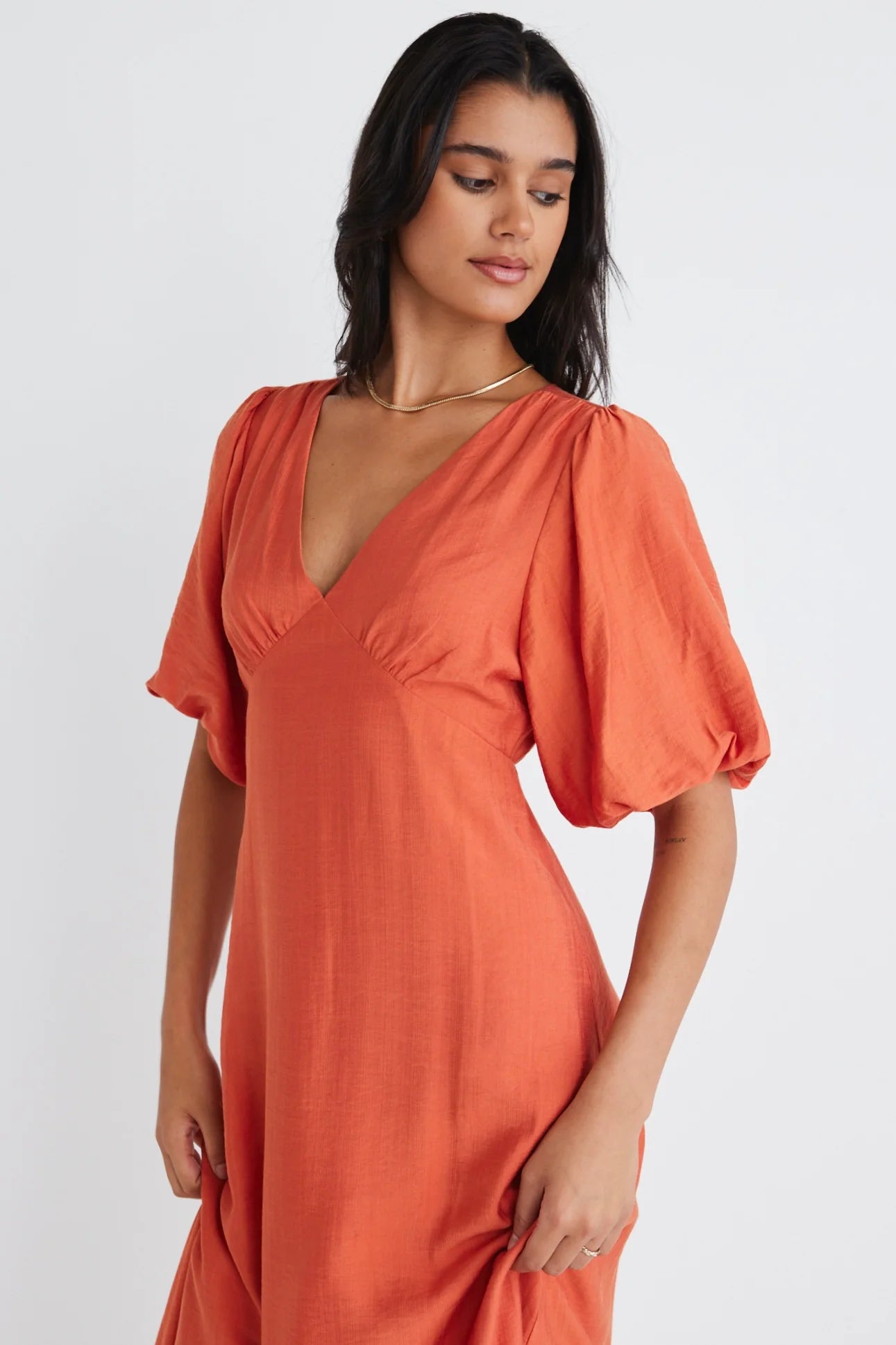 AMONG THE BRAVE - Empire Puff Sleeve Midi Dress - Persimmon Womens AMONG THE BRAVE