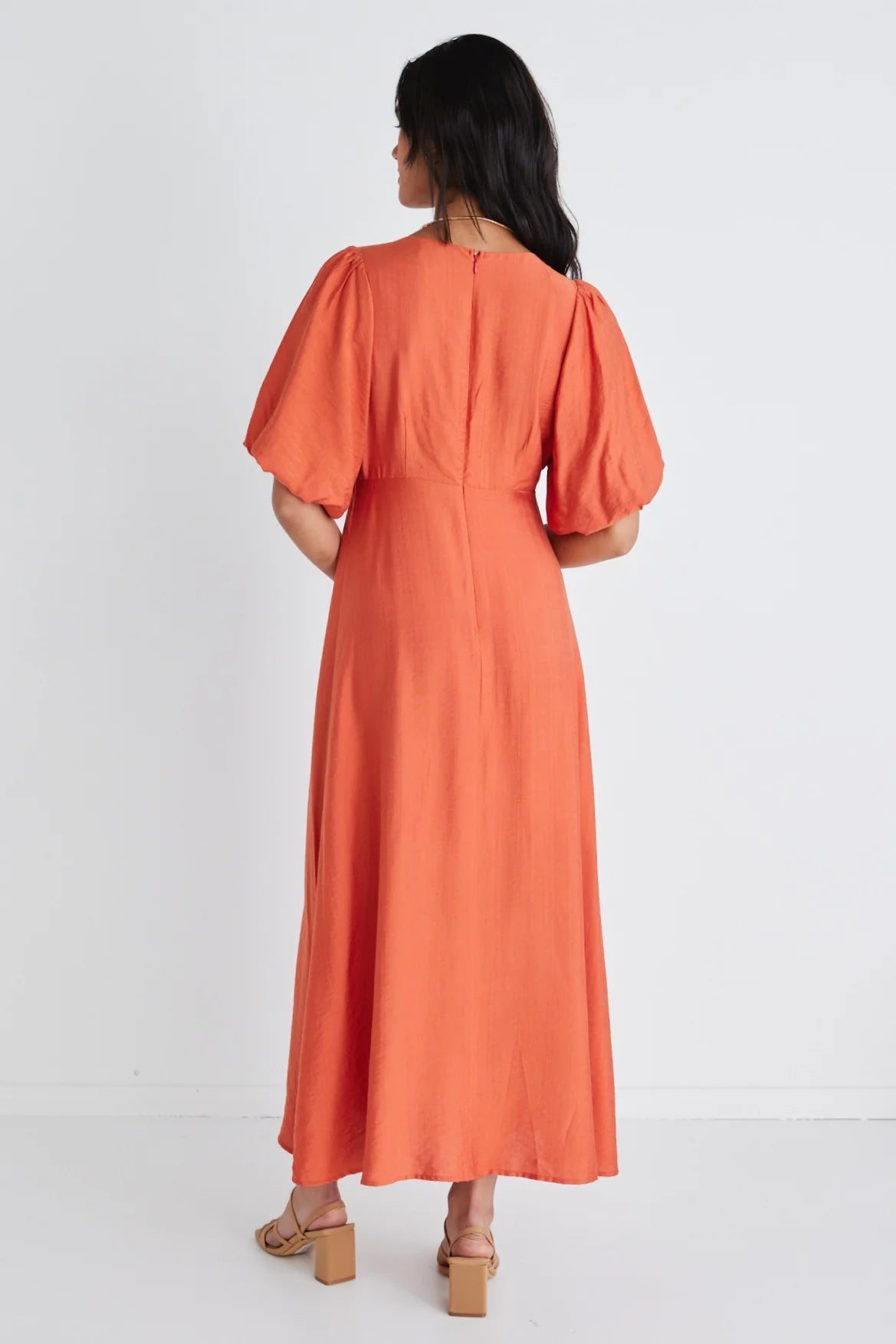 AMONG THE BRAVE - Empire Puff Sleeve Midi Dress - Persimmon Womens AMONG THE BRAVE