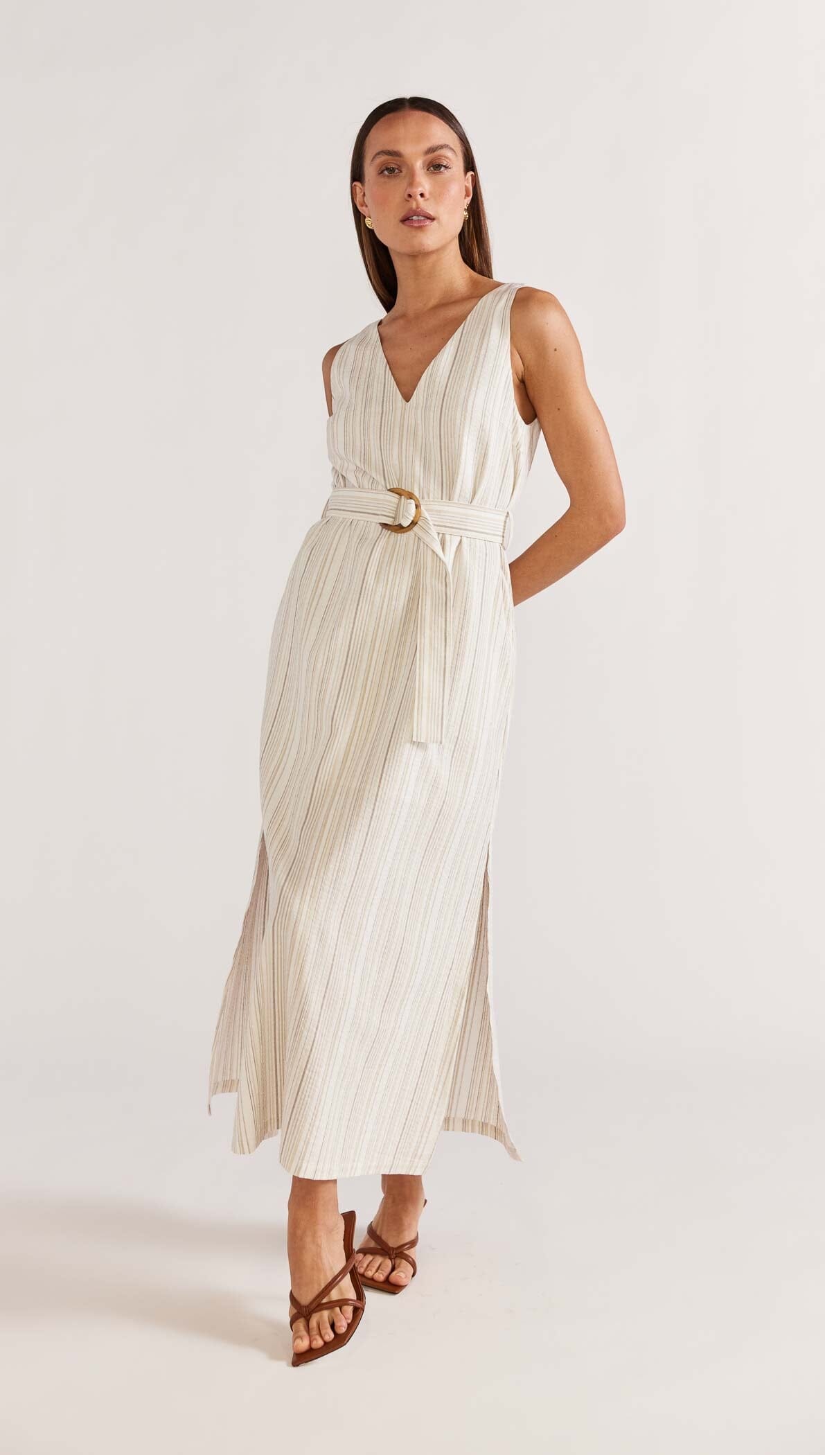 STAPLE THE LABEL - Finlay Belted Midi Dress - Beige Stripe *** DUE IN APPROX 22JAN*** Womens STAPLE THE LABEL