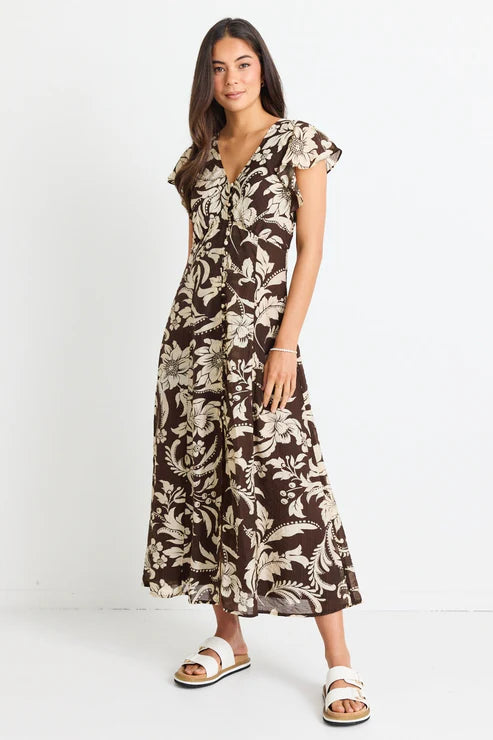 AMONG THE BRAVE - Flawless Fluted Sleeve Button Front Midi Dress - Chocolate Floral Womens AMONG THE BRAVE