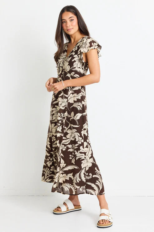 AMONG THE BRAVE - Flawless Fluted Sleeve Button Front Midi Dress - Chocolate Floral Womens AMONG THE BRAVE