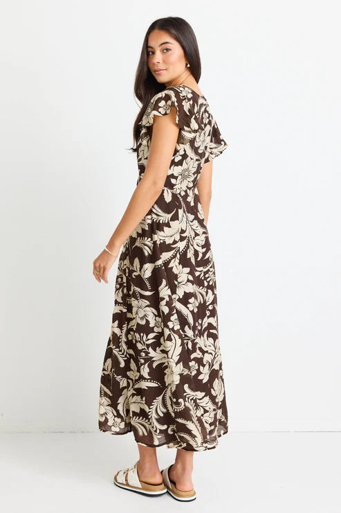 AMONG THE BRAVE - Flawless Fluted Sleeve Button Front Midi Dress - Chocolate Floral Womens AMONG THE BRAVE