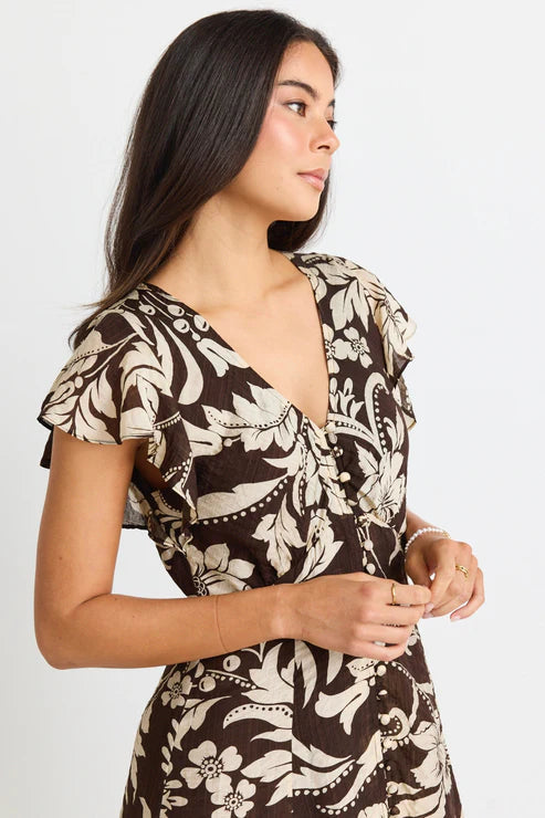 AMONG THE BRAVE - Flawless Fluted Sleeve Button Front Midi Dress - Chocolate Floral Womens AMONG THE BRAVE