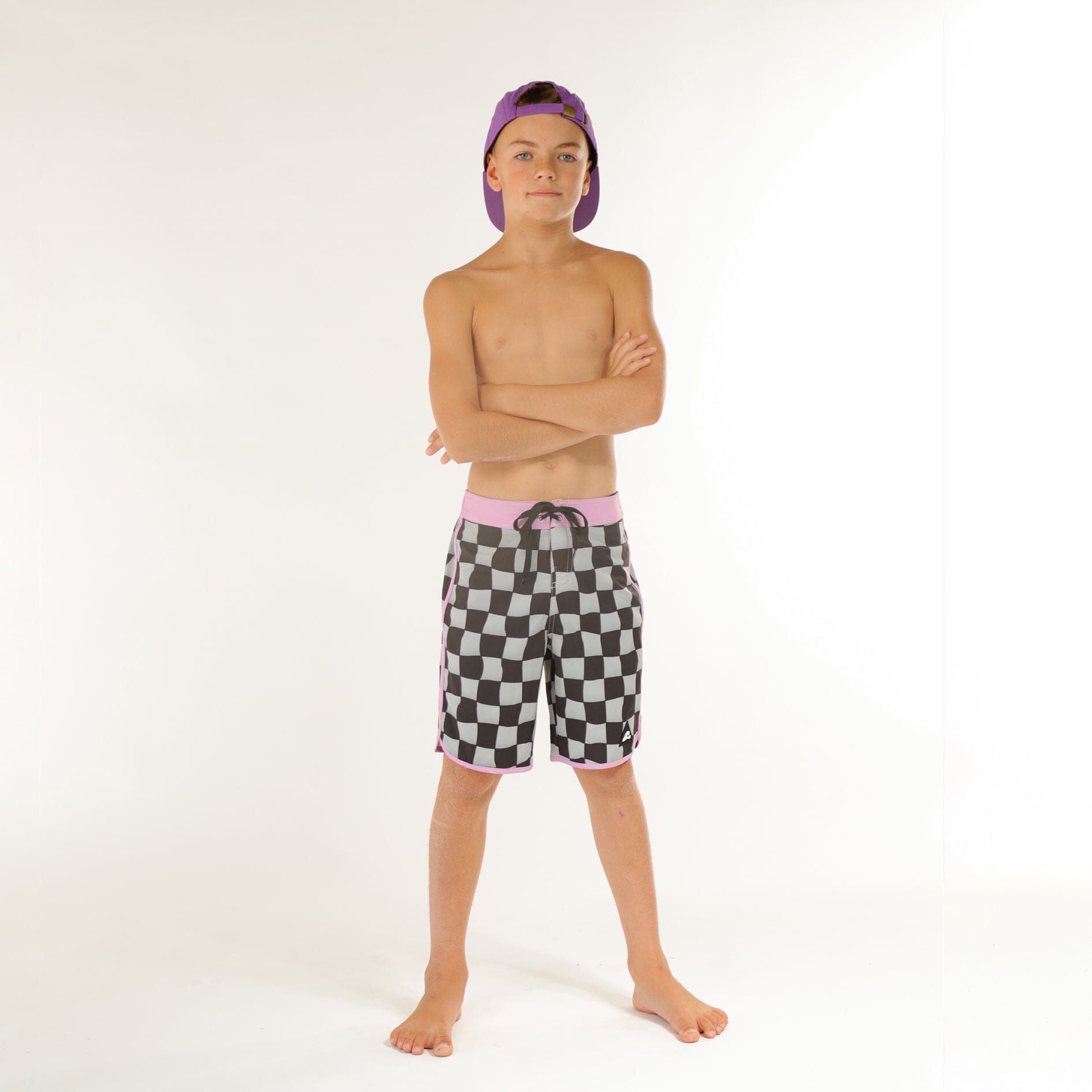 Hello Stranger - CHECK LONG BOARD SHORT – Check Black/Purple Boys Hello Stranger