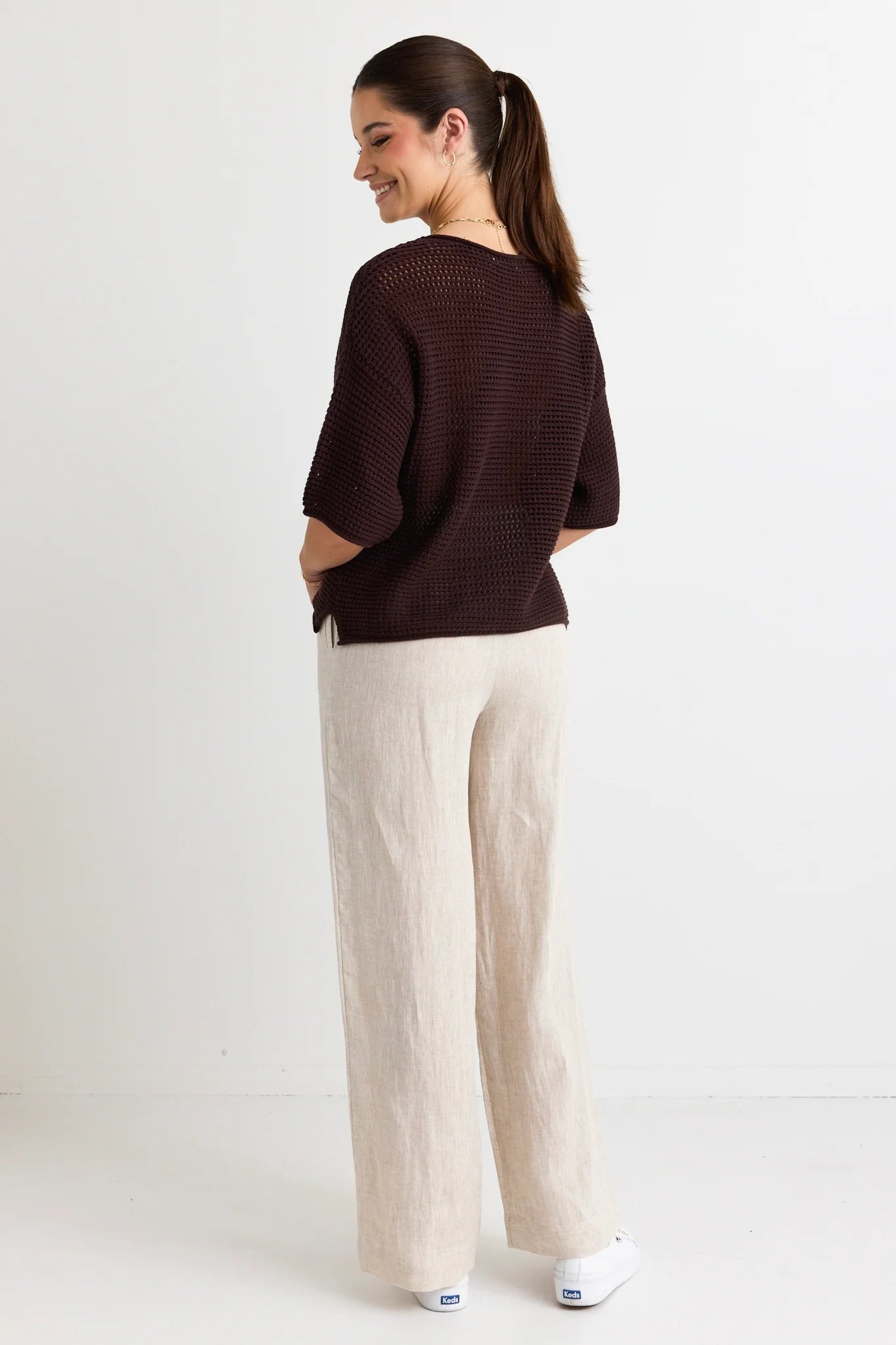 RE:UNION - Sunrise SS Crochet Knit Top - Chocolate Womens RE:UNION