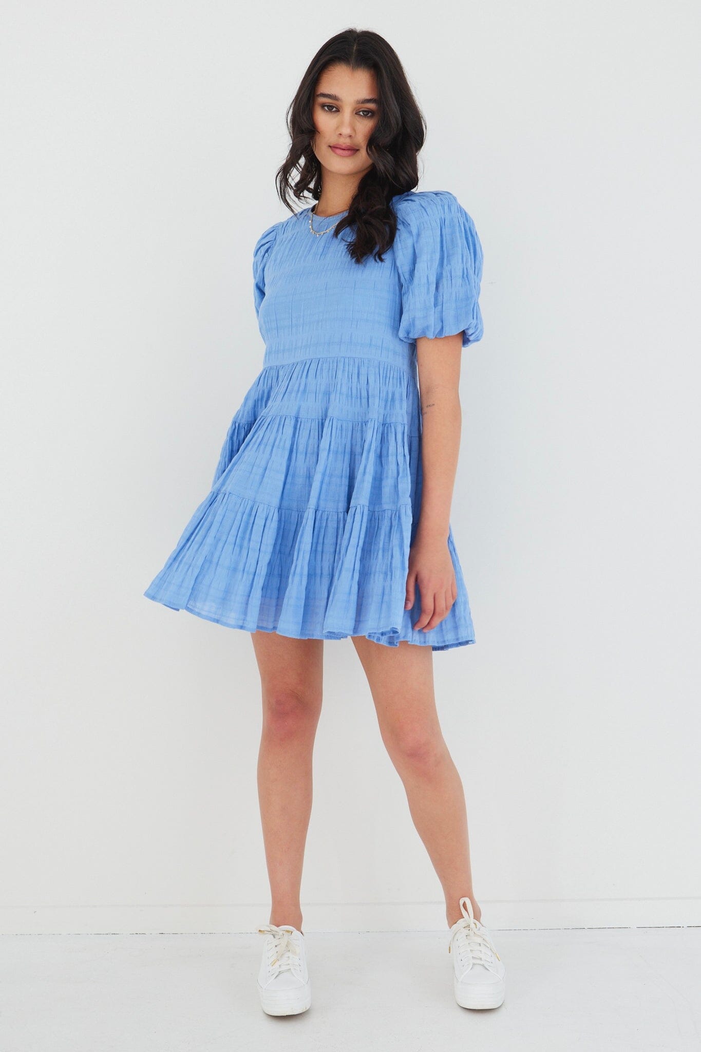 IVY + JACK - Luna Shirred Cotton Puff S/S Tiered Mini Dress - French Blue Womens IVY + JACK
