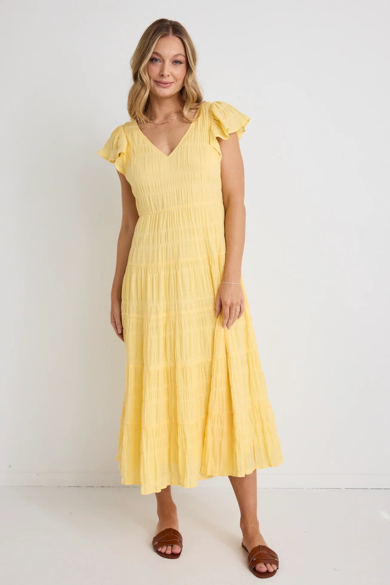 IVY + JACK - Marley Shirred Cotton Sleeveless V-Neck Tiered Maxi Dress - Butter