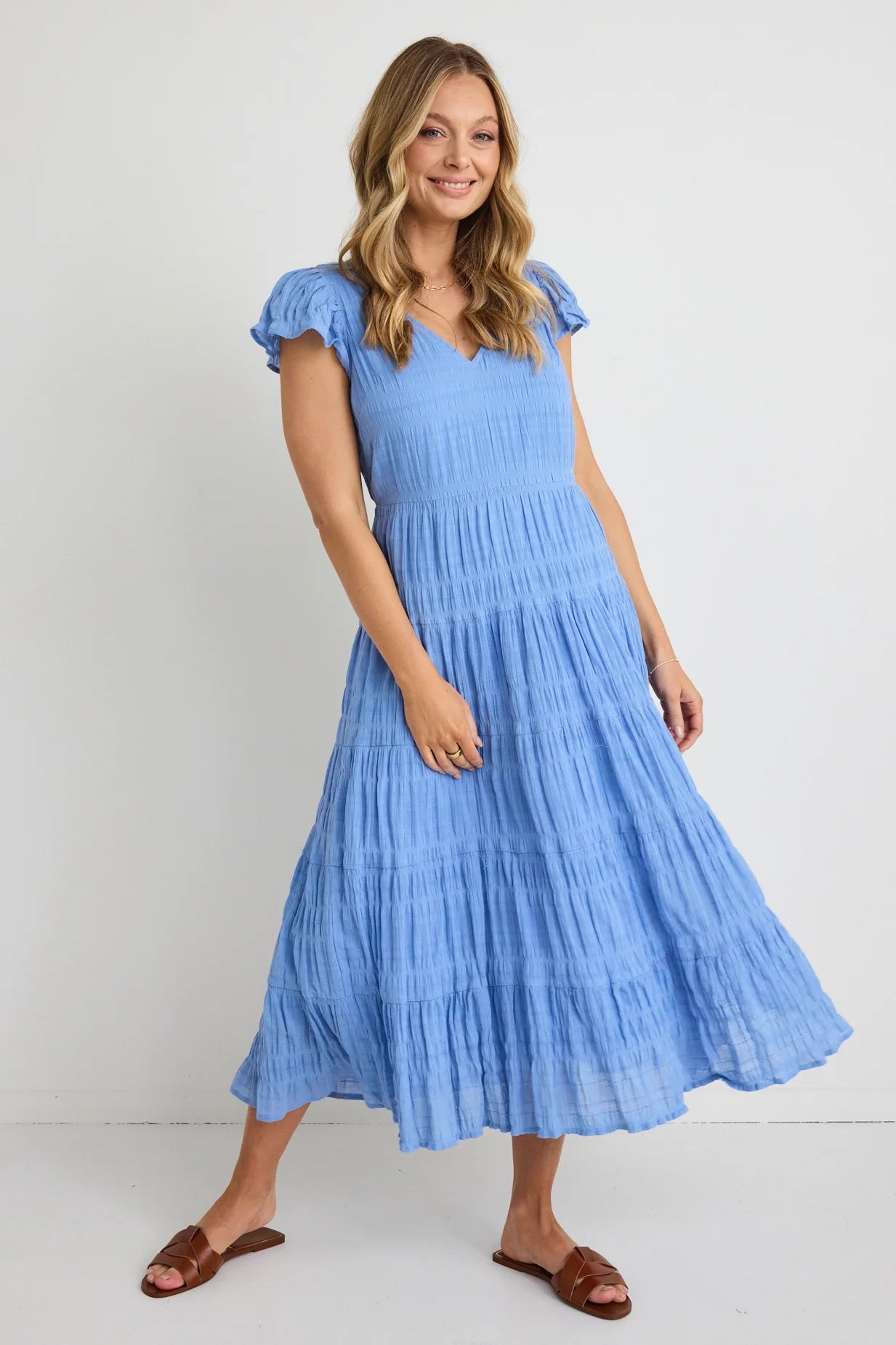 IVY + JACK - Marley Shirred Cotton Sleeveless V-Neck Tiered Maxi Dress - French Blue Womens IVY + JACK