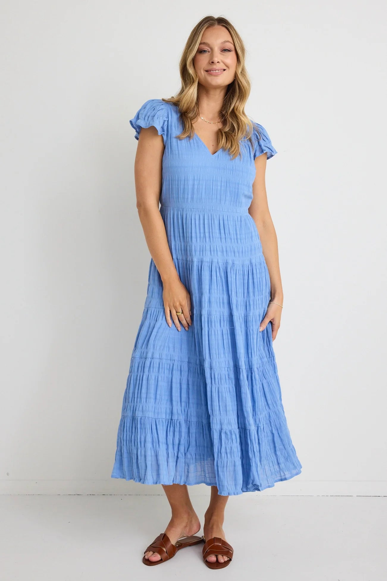 IVY + JACK - Marley Shirred Cotton Sleeveless V-Neck Tiered Maxi Dress - French Blue Womens IVY + JACK