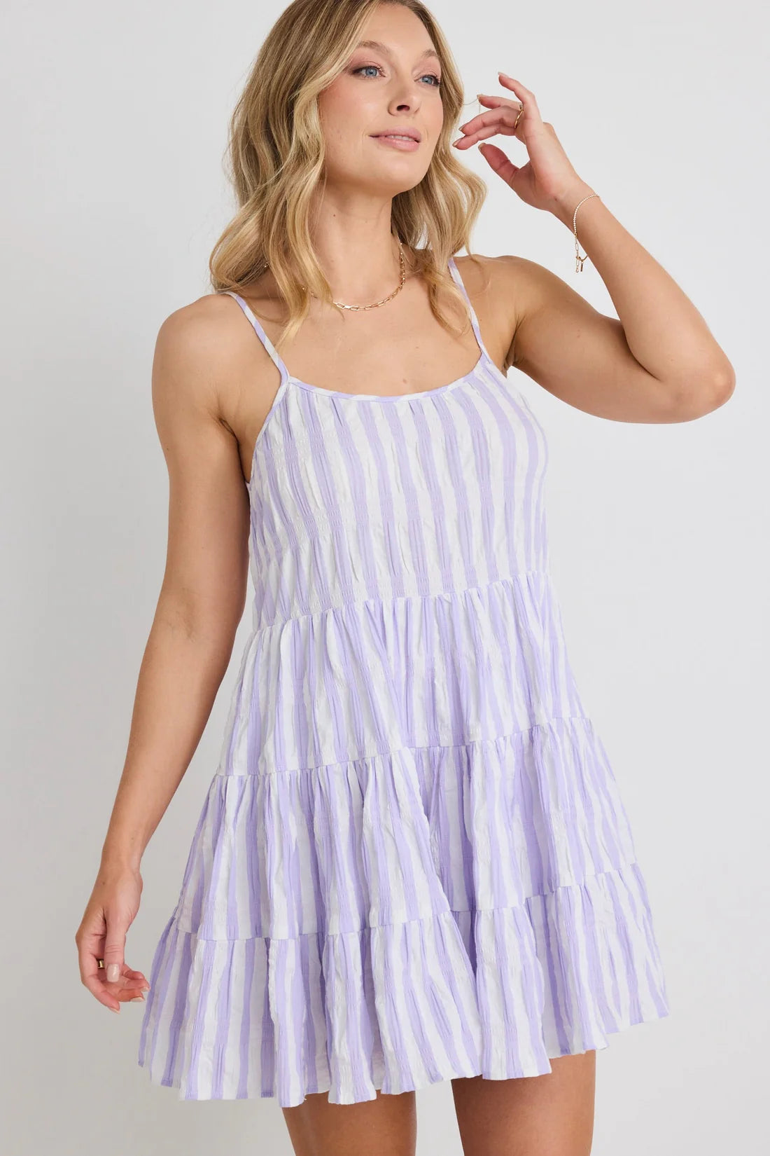 Love Lulu Memphis Strappy Tiered Mini Dress Lilac Stripe Beach Babies Boutique