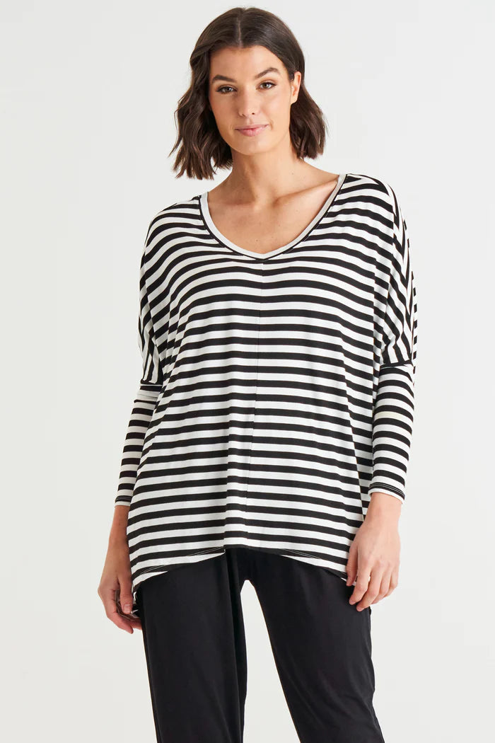 Betty Basics - Kyoto V-Neck Loose Stretchy Basic Tee - Black/White Stripe *** DUE APPROX 15JUL *** Womens Betty Basics