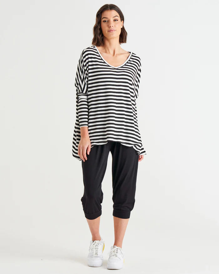 Betty Basics - Kyoto V-Neck Loose Stretchy Basic Tee - Black/White Stripe *** DUE APPROX 15JUL *** Womens Betty Basics